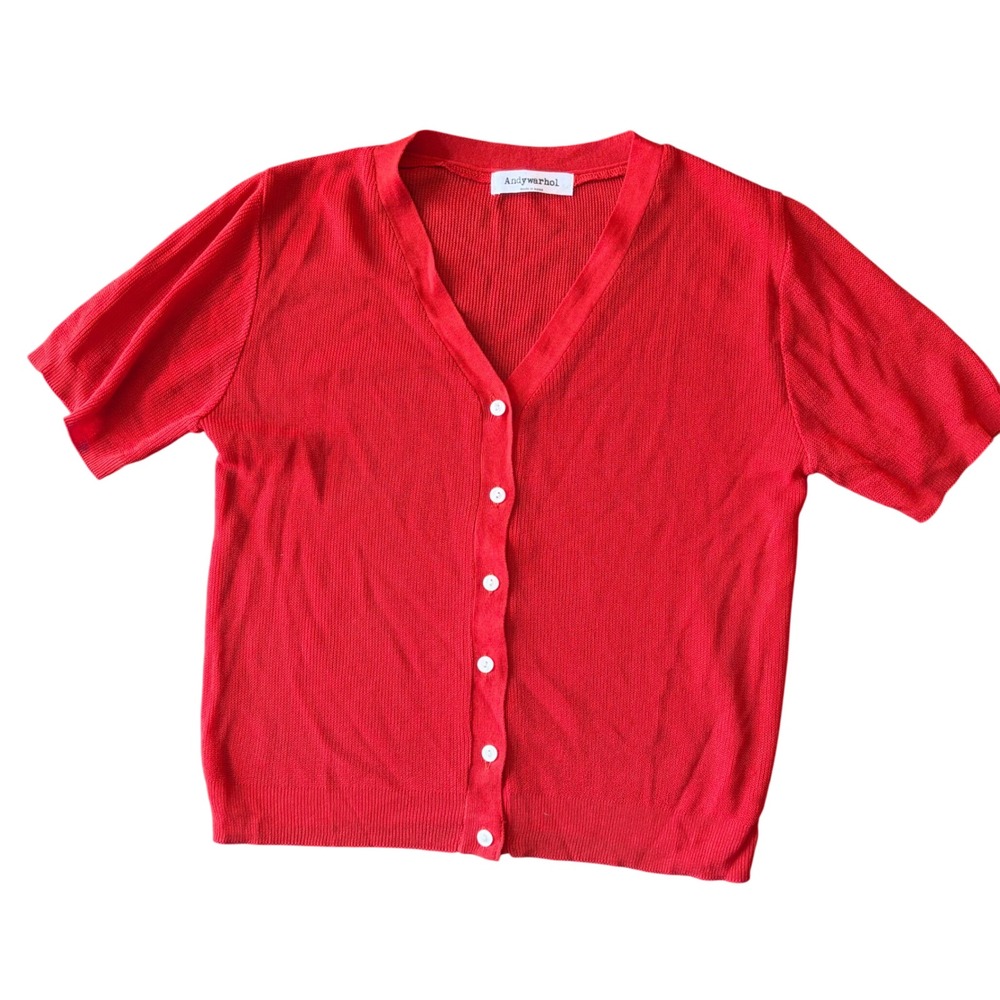 Andy Warhol Red Short Sleeve Button Up Cardigan V-Neck Knit Top preppy